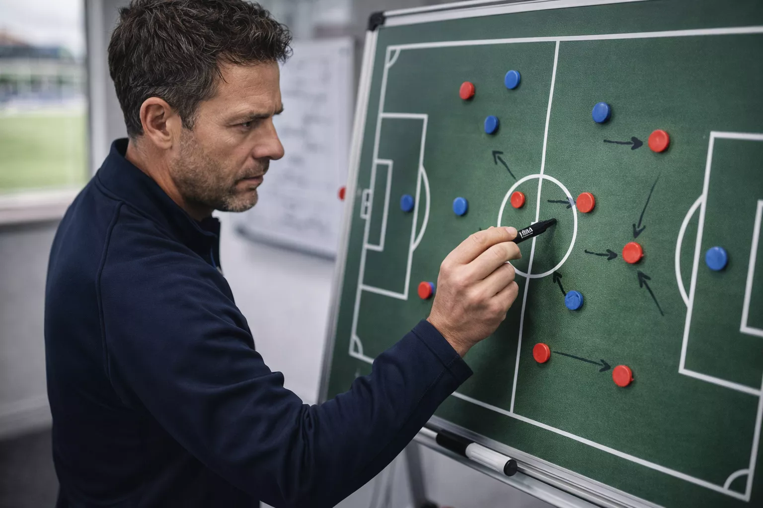 Allenatore che analizza formazioni su lavagna tattica
