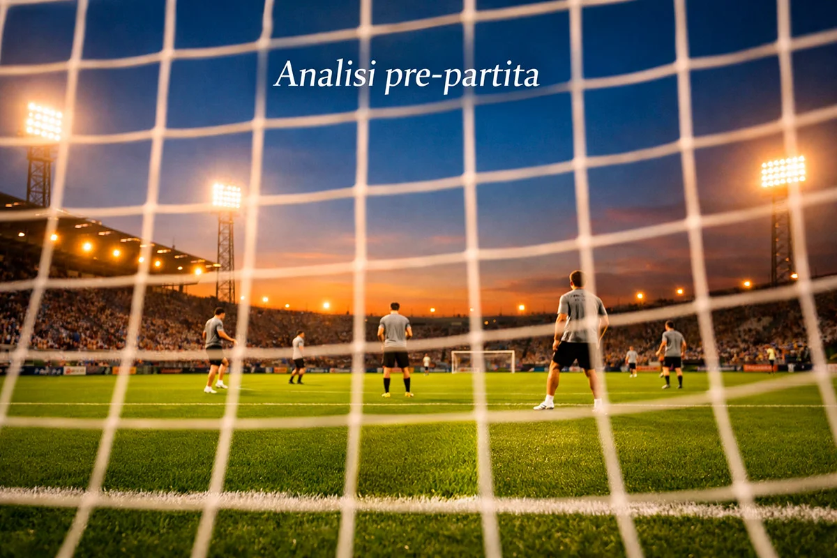 Tifosi guardano una partita di calcio in uno stadio illuminato di sera