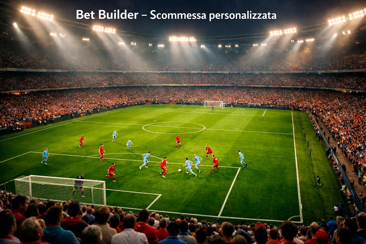 Panoramica di uno stadio di calcio illuminato durante una partita serale con tifosi sugli spalti