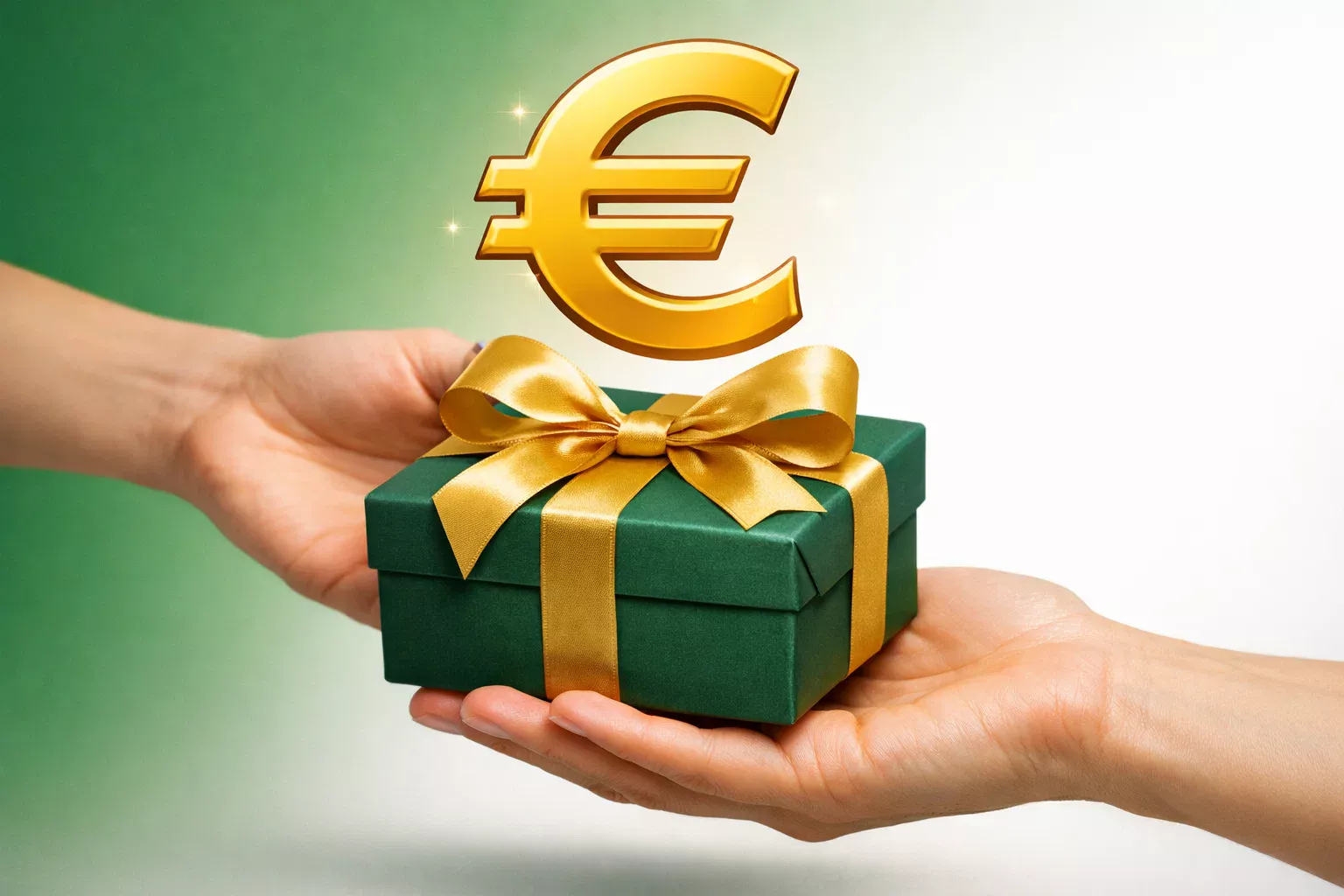 Mano che riceve un simbolo di regalo con segno euro rappresentante bonus di benvenuto