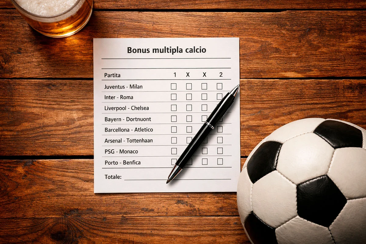 Schedina di scommesse su un tavolo con pallone da calcio e penna accanto