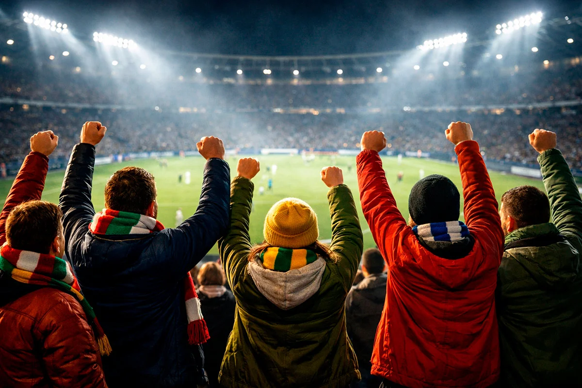 Tifosi allo stadio di calcio che esultano durante una partita serale sotto i riflettori