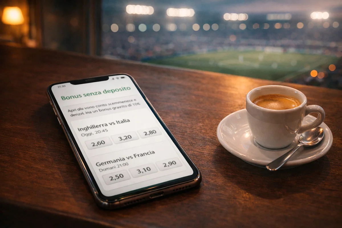 Smartphone appoggiato su un tavolo con un campo da calcio illuminato sullo sfondo
