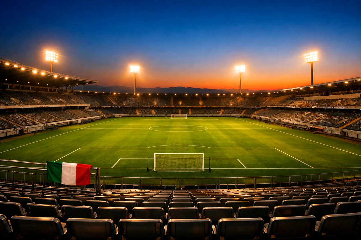 Stadio di calcio italiano illuminato di sera con tifosi sugli spalti