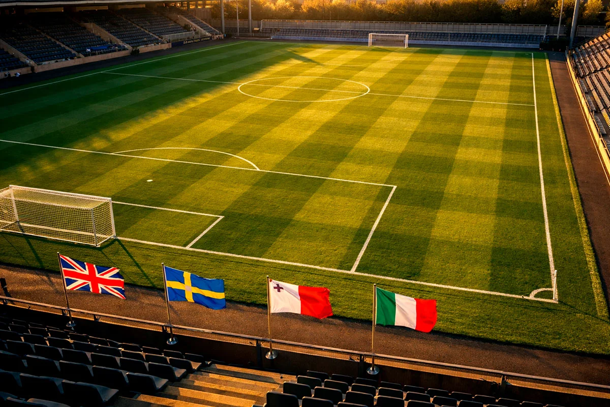 Campo da calcio visto dall'alto con bandiere internazionali lungo il bordo
