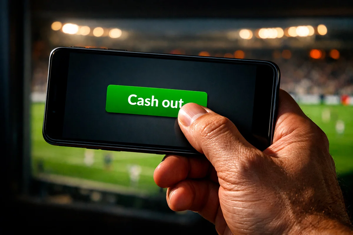 Mano che utilizza il cash out su smartphone durante una partita di calcio