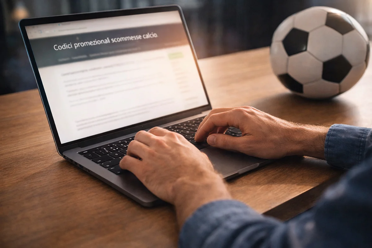 Mano che digita un codice su un laptop con un pallone da calcio sulla scrivania