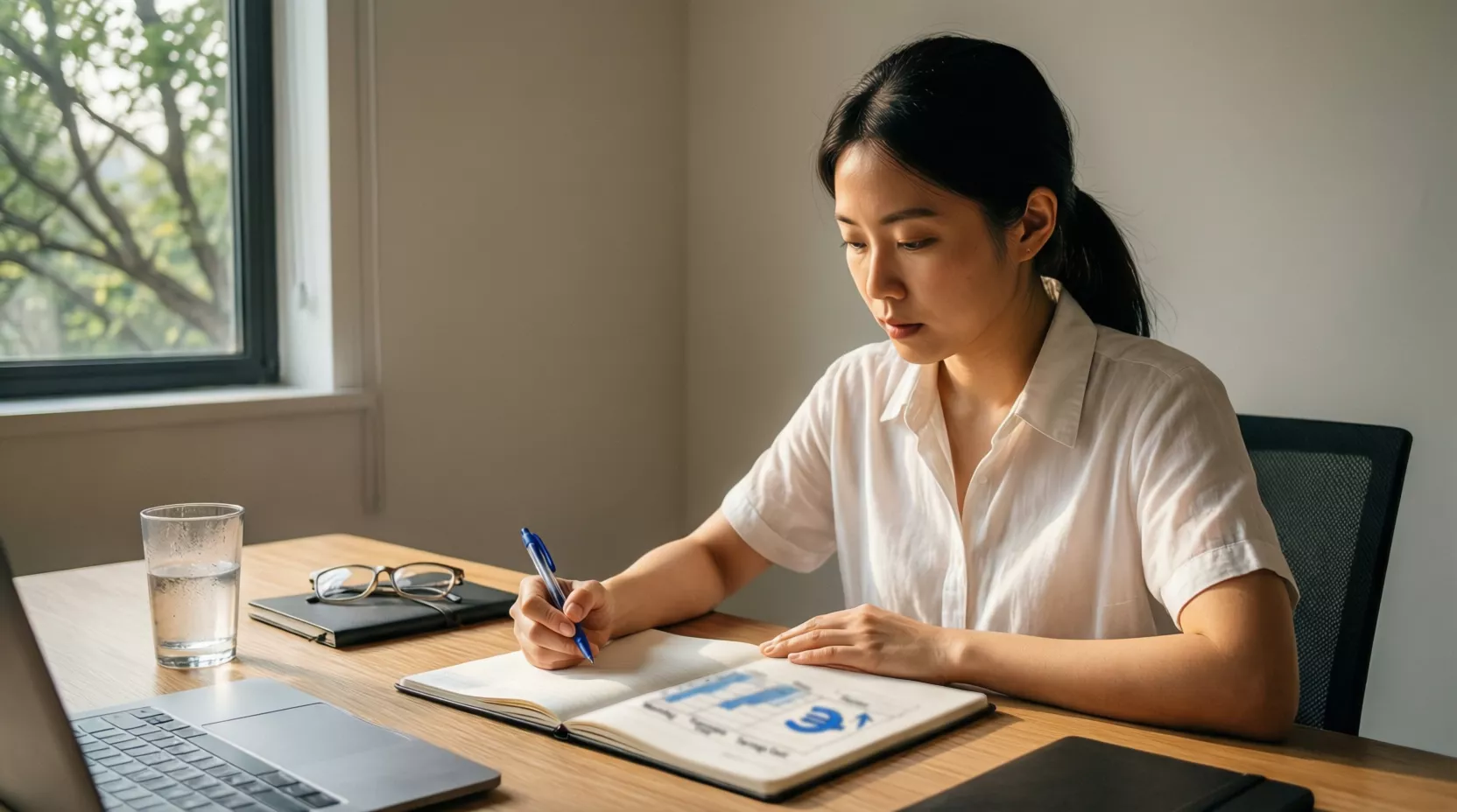 Persona che prende appunti su un quaderno con simbolo euro