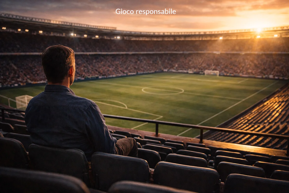 Uomo seduto su una panchina di uno stadio di calcio vuoto in un momento di riflessione al tramonto
