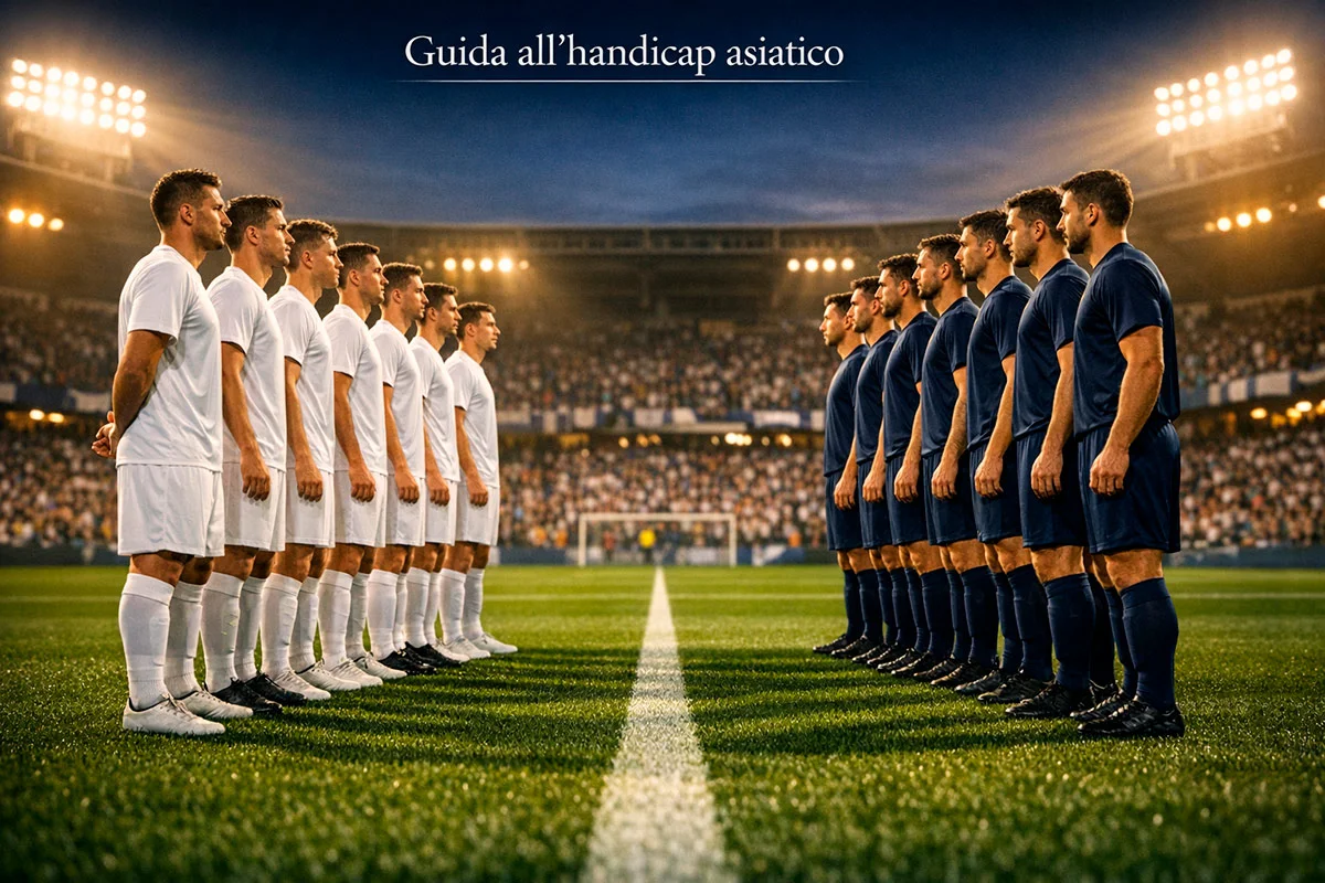 Due squadre di calcio schierate in campo prima del fischio d'inizio di una partita serale