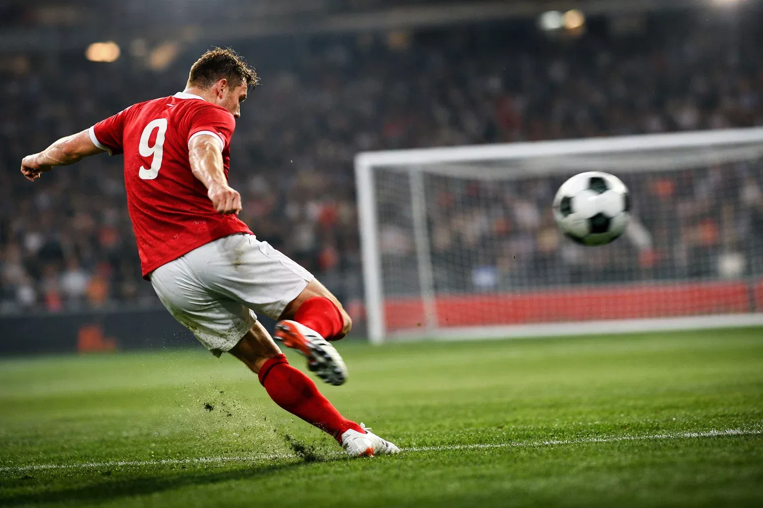 Calciatore che tira in porta durante una partita