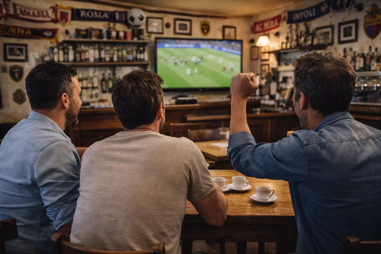 Tifosi italiani che guardano una partita di calcio in un bar sportivo
