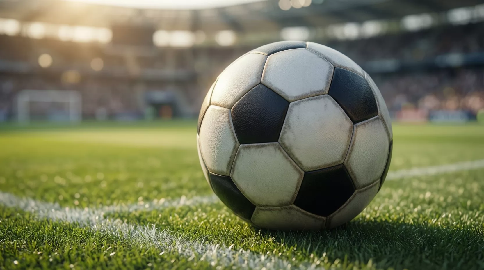 Pallone da calcio su campo verde con linee bianche