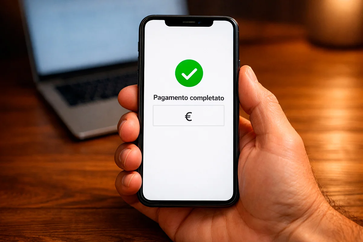 Mano che tiene uno smartphone con schermata di conferma pagamento accanto a un laptop su una scrivania ordinata