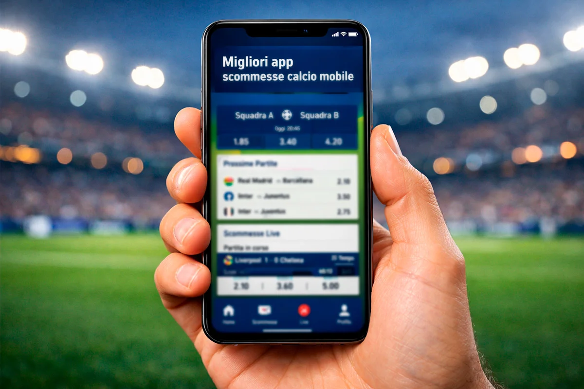 Mano che tiene uno smartphone durante una partita di calcio allo stadio