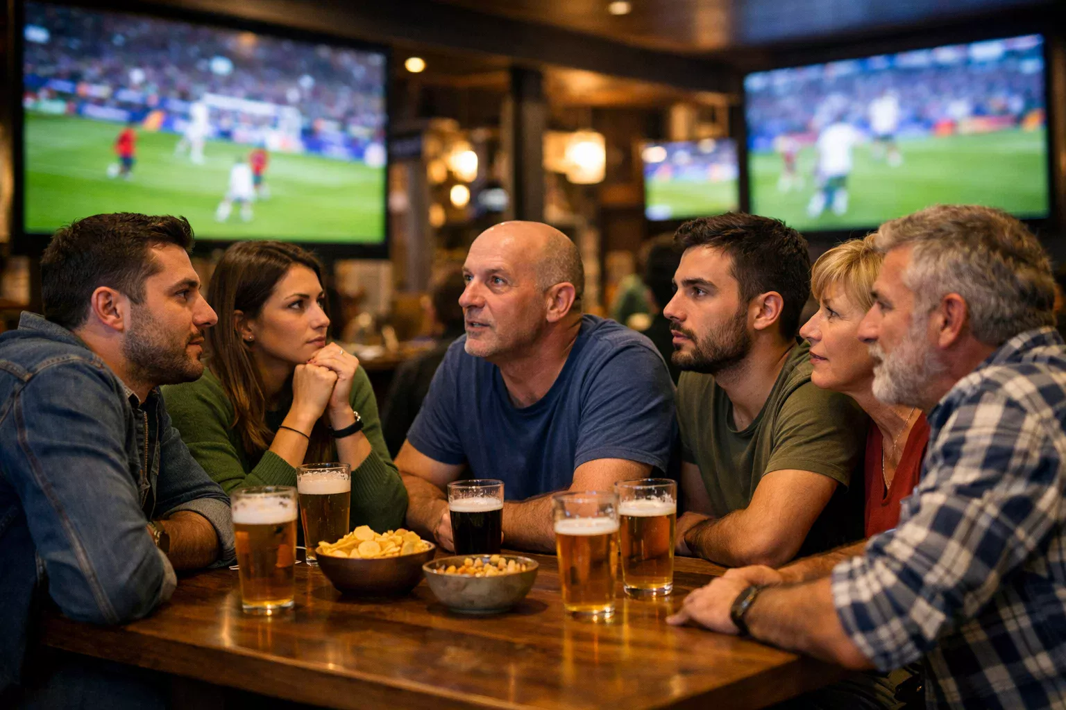 Gruppo di amici che guarda una partita di calcio in un pub con schermi