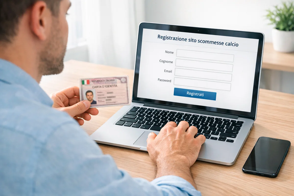 Persona seduta alla scrivania con laptop aperto e documento di identità in mano pronta per la registrazione