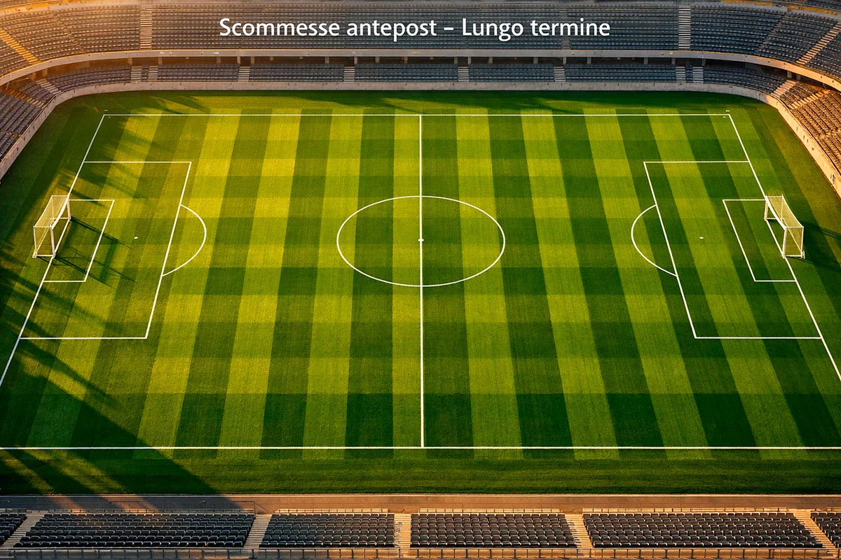 Campo da calcio vuoto visto dall'alto con il manto erboso perfetto a inizio stagione