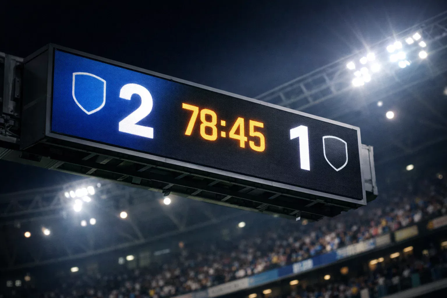 Tabellone elettronico dello stadio che mostra il punteggio di una partita di calcio