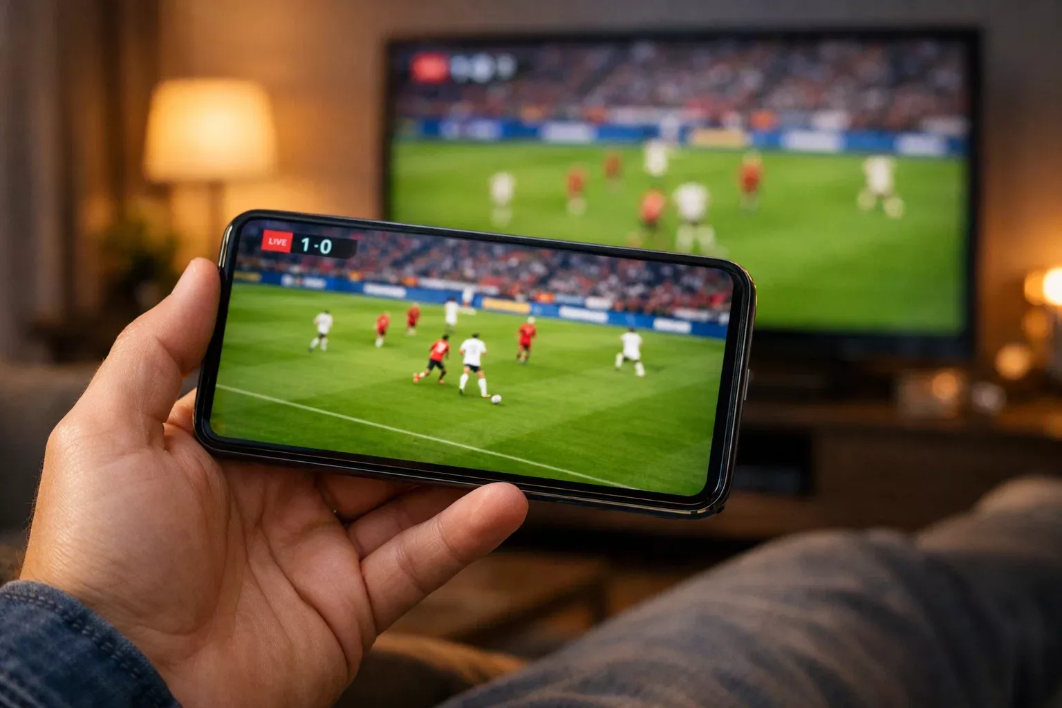 Smartphone che mostra partita di calcio in diretta streaming con quote in tempo reale