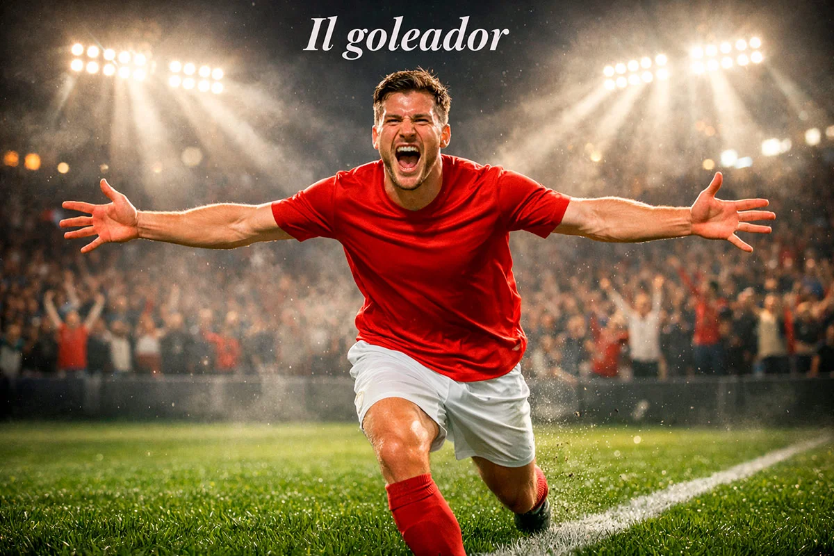 Attaccante di calcio che esulta dopo aver segnato un gol sotto i riflettori dello stadio