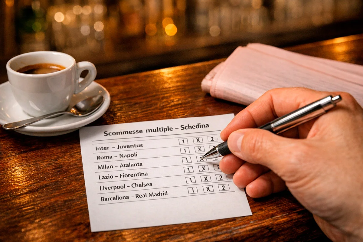 Mano che compila una schedina di scommesse su un tavolo con appunti sportivi