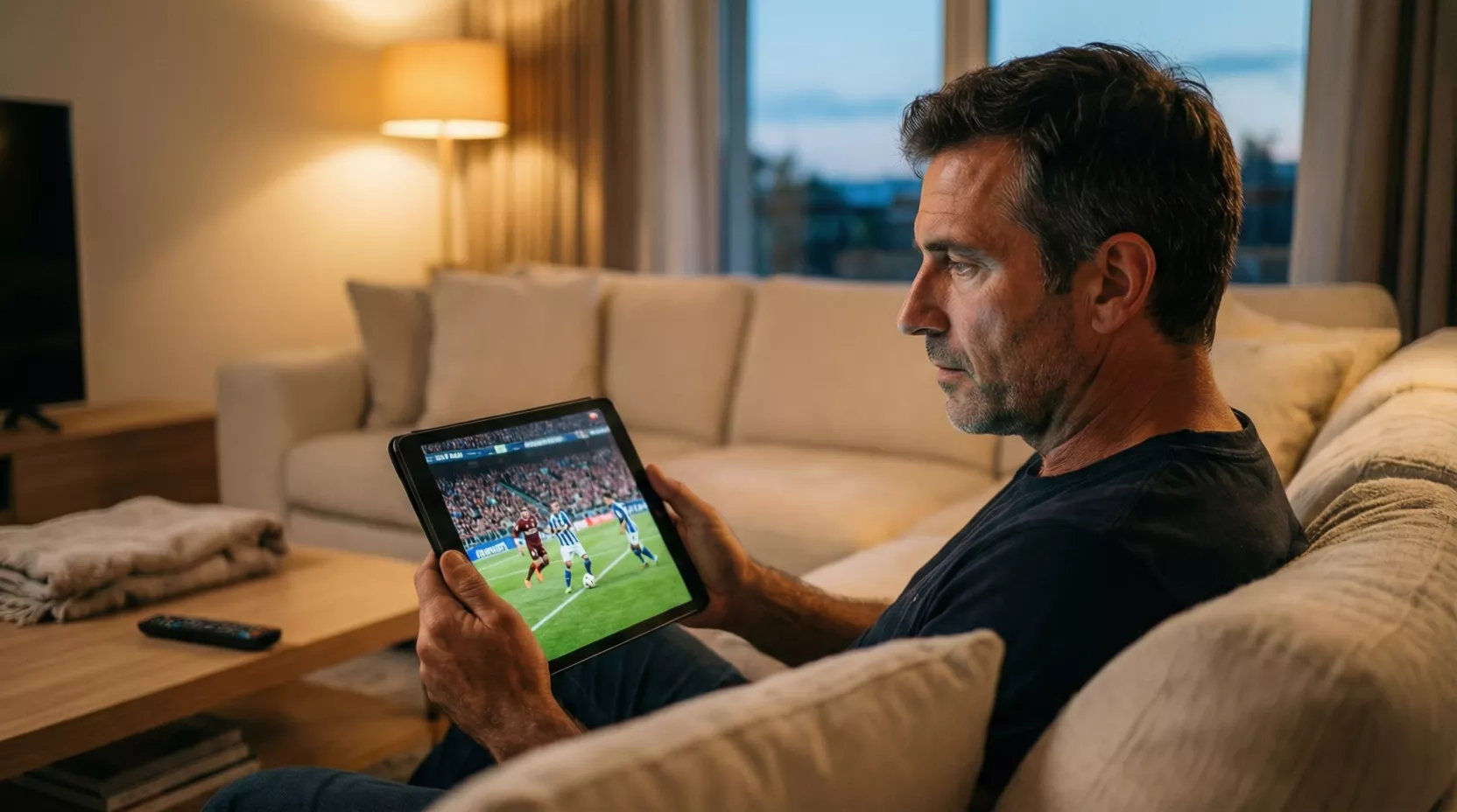 Uomo concentrato che guarda una partita di calcio su tablet