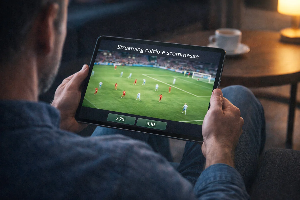 Tifoso che guarda una partita di calcio in streaming su tablet