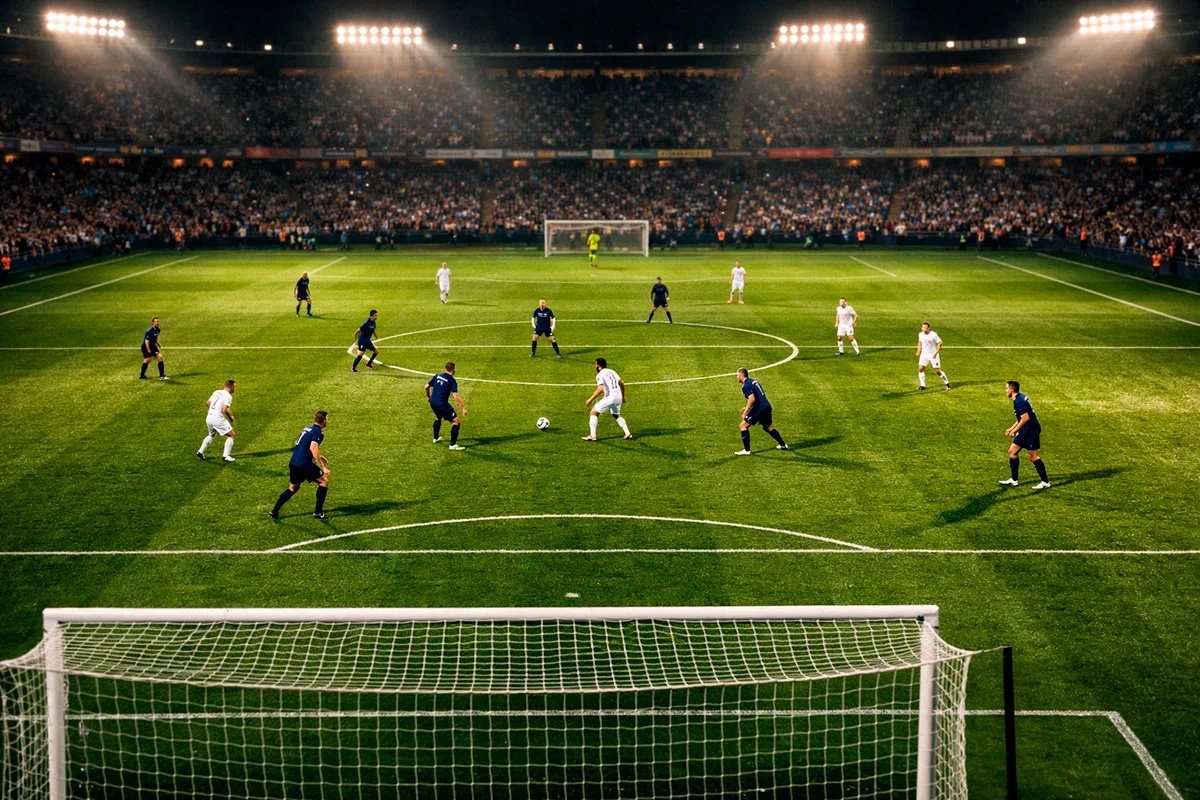 Campo da calcio visto dall'alto con giocatori in azione durante una partita di Serie A