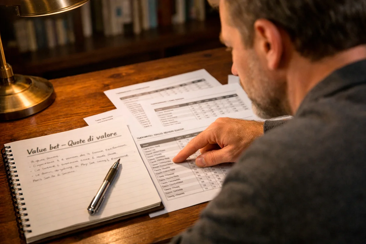 Scommettitore analizza statistiche calcistiche su un foglio con dati e quote